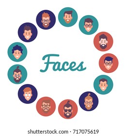Set of Male circle face avatars. People heads flat vector illustration.