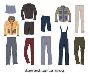 Set of male clothing, denim and casual, jeans, jackets, pants and etc., isolated on white background.