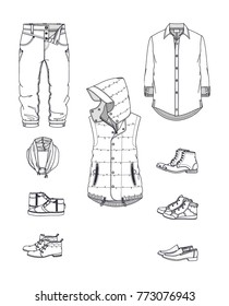 Set of male clothing designs and accessories.