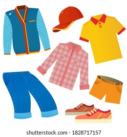 Set of male clothing. Tee shirt, shorts, shirt, jeans, sneakers and baseball cap. Vector illustration for kids. 