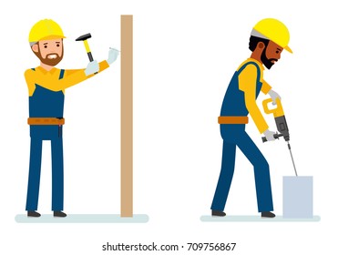 Set of male construction worker, worker strikes with a hammer a nail, worker drilling concrete. Isolated against white background. Vector illustration. African American people. Cartoon flat style.