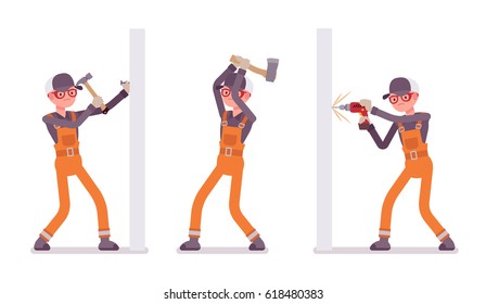 Set of male construction worker wearing orange overall making repairs indoor, working with walls and ax, hammering a nail, drilling, skilled craftsmen, full length, isolated on white background