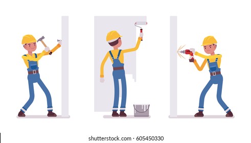 Set of male construction worker in a yellow protective hardhat, blue overall, making repairs indoor, working with walls, hammering a nail, painting, drilling, full length, isolated, white background svg