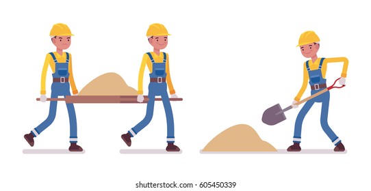 Set of male construction worker in a yellow protective hardhat, blue overall, shoveling and carrying sand, full length, isolated, white background