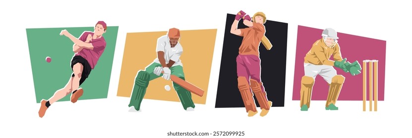 Set of male cricket athlete players with different poses. Isolated on white background. Flat character vector illustration.