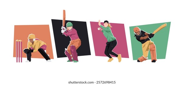 Set of male cricket athlete players with different poses. Isolated on white background. Flat character vector illustration.