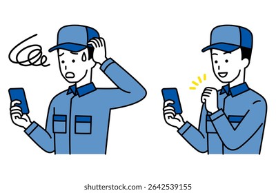 Set of male delivery men operating smartphones