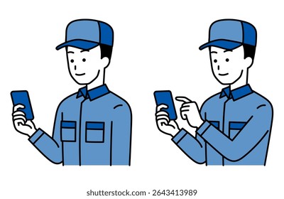 Set of male delivery men operating smartphones