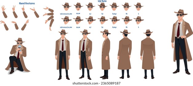 Set of male detective design. Character Model sheet. Front, side, back view animated character. Investigator character creation set with various views, poses and gestures. Cartoon style, flat vector i