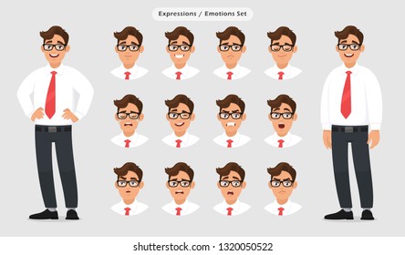 Set Of Male Different Facial Expressions. Man Emoji Character With Various Face Reaction/emotion, Wearing Formal Dress, Tie And Eyeglasses. Human Emotion Concept Illustration In Gray/grey Background.