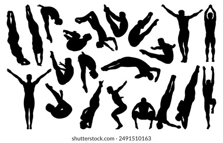 Set of male diving board diving silhouette vector illustrations