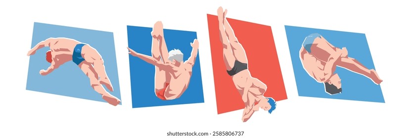 Set of male diving sport. Female athlete character doing spin in the air. Flat vector illustration.