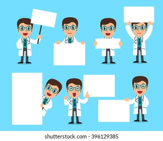 Set of male doctor with blank white banner