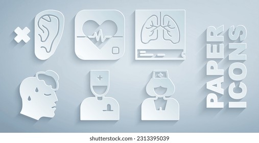 Set Male doctor, Lungs x-ray, High human body temperature, Nurse, Heart rate and Deaf icon. Vector