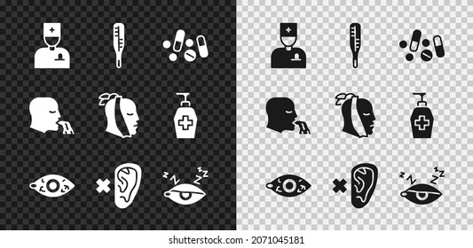 Set Male Doctor, Medical Thermometer, Medicine Pill Tablet, Reddish Eye, Deaf, Insomnia, Vomiting Man And Toothache Icon. Vector