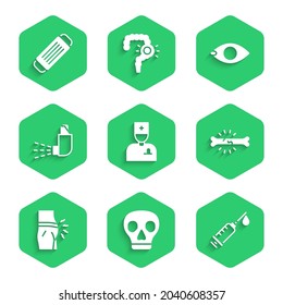 Set Male doctor, Skull, Syringe, Bone pain, Abdominal bloating, Inhaler, Blindness and Medical protective mask icon. Vector