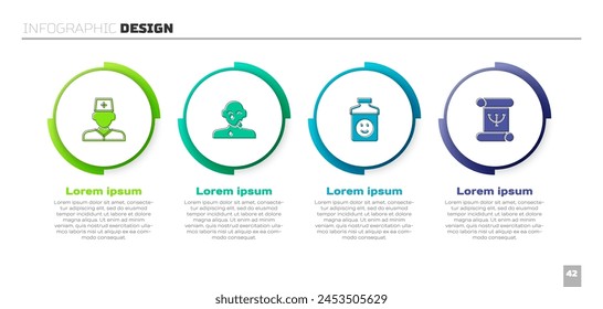 Set Doctor masculino, ojo de lágrima, antidepresivos y libro de psicología. Plantilla de infografía de negocios. Vector