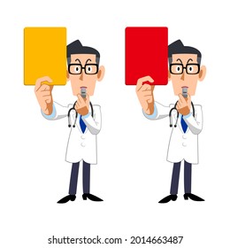 A set of male doctors showing yellow and red cards