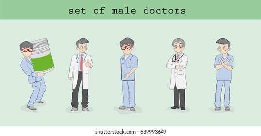 A set of male doctors in various poses. Hand drawn cartoon vector illustration for medical design and infographics.
