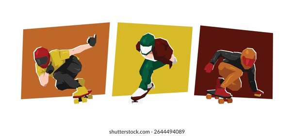 Set of male downhill skateboarding player. Dynamic action, pose. Cartoon flat vector illustration.