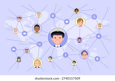 A set of Male driver disseminating information on social media.It's vector art so easy to edit.