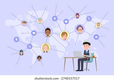 A set of Male driver operating a PC and transmitting information on social media.It's vector art so easy to edit.