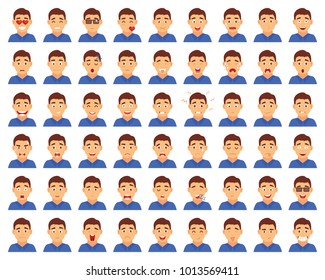 Set of male emoji characters. Cartoon style emotion icons. Isolated boys avatars with different facial expressions. Flat illustration men's emotional faces. Hand drawn vector drawing emoticon