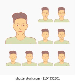 Set of male emoji characters. Cartoon style emotion icons. Isolated boys avatars with different facial expressions. Hand drawn vector illustration men's emotional faces. Emoticon