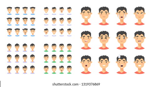 Set of male emoji characters. Cartoon style emotion icons. Isolated asian boys avatars with different facial expressions. Flat illustration men emotional faces. Hand drawn vector drawing emoticon