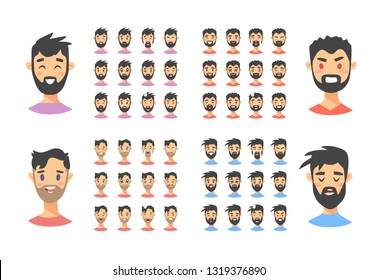 Set of male emoji characters. Cartoon style emotion icons. Isolated boys avatars with different facial expressions. Flat illustration men emotional faces. Hand drawn vector drawing emoticon