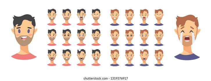 Set of male emoji characters. Cartoon style emotion icons. Option Isolated boys avatars with different facial expressions.  