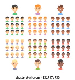 Set of male emoji characters. Cartoon style emotion icons. Option Isolated boys avatars with different facial expressions. Flat illustration men emotional faces. Hand drawn vector drawing emoticon