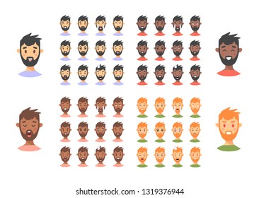 Set of male emoji characters. Cartoon style emotion icons. Option Isolated boys avatars with different facial expressions. Flat illustration men emotional faces. Hand drawn vector drawing emoticon