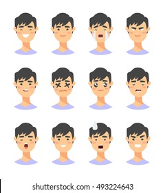 Set of male emoji characters. Cartoon style emotion icons. Isolated boys avatars with different facial expressions. Flat illustration men's emotional faces. Hand drawn vector drawing emoticon 