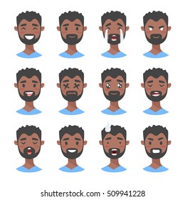 Set of male emoji characters. Cartoon style emotion icons. Isolated black boys avatars with different facial expressions. Flat illustration men's emotional faces. Hand drawn vector drawing emoticon