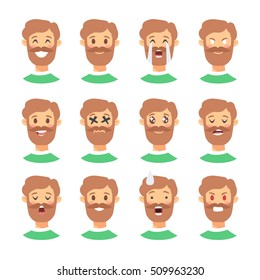 Set of male emoji characters. Cartoon style emotion icons. Isolated boys avatars with different facial expressions. Flat illustration men's emotional faces. Hand drawn vector drawing emoticon