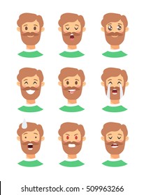 Set of male emoji characters. Cartoon style emotion icons. Isolated boys avatars with different facial expressions. Flat illustration men's emotional faces. Hand drawn vector drawing emoticon