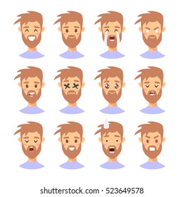 Set of male emoji characters. Cartoon style emotion icons. Isolated boys avatars with different facial expressions. Flat illustration men's emotional faces. Hand drawn vector drawing emoticon
