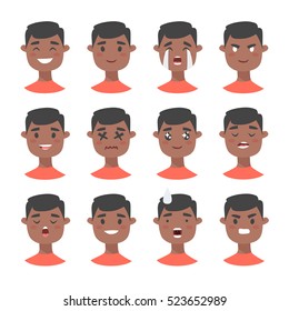 Set of male emoji characters. Cartoon style emotion icons. Isolated black boys avatars with different facial expressions. Flat illustration men's emotional faces. Hand drawn vector drawing emoticon