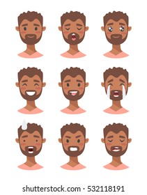 Set of male emoji characters. Cartoon style emotion icons. Isolated black guy avatars with different facial expressions. Flat illustration men emotional faces. Hand drawn vector drawing emoticon