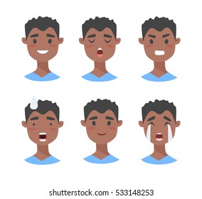 Set of male emoji characters. Cartoon style emotion icons. Isolated black boys avatars with different facial expressions. Flat illustration men's emotional faces. Hand drawn vector drawing emoticon