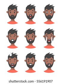Set of male emoji characters. Cartoon style emotion icons. Isolated boys avatars with different facial expressions. Flat illustration men's emotional faces. Hand drawn vector drawing emoticon 