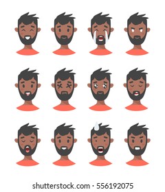 Set of male emoji characters. Cartoon style emotion icons. Isolated boys avatars with different facial expressions. Flat illustration men's emotional faces. Hand drawn vector drawing emoticon 