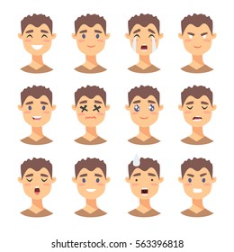 Set of male emoji characters. Cartoon style emotion icons. Isolated boy avatars with different facial expressions. Flat illustration men emotional faces. Hand drawn vector drawing emoticon