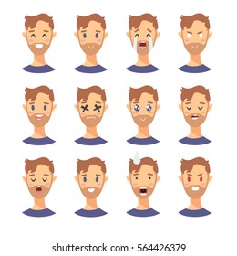 Set of male emoji characters. Cartoon style emotion icons. Isolated boys avatars with different facial expressions. Flat illustration men's emotional faces. Hand drawn vector drawing emoticon