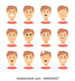 Set of male emoji characters. Cartoon style emotion icons. Isolated boy avatars with different facial expressions. Flat illustration men emotional faces. Hand drawn vector drawing emoticon