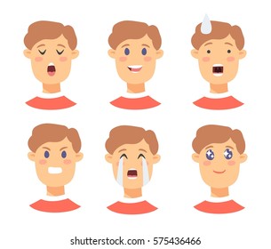 Set of male emoji characters. Cartoon style emotion icons. Isolated boy avatars with different facial expressions. Flat illustration men emotional faces. Hand drawn vector drawing emoticon