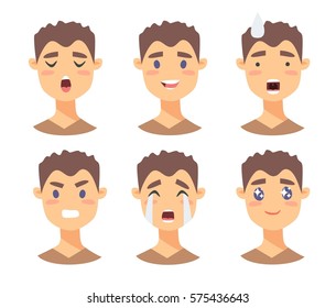 Set of male emoji characters. Cartoon style emotion icons. Isolated boy avatars with different facial expressions. Flat illustration men emotional faces. Hand drawn vector drawing emoticon