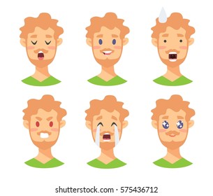 Set of male emoji characters. Cartoon style emotion icons. Isolated boys avatars with different facial expressions. Flat illustration men's emotional faces. Hand drawn vector drawing emoticon