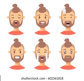 Set of male emoji characters. Cartoon style emotion icons. Isolated boys avatars with different facial expressions. Flat illustration men's emotional faces. Hand drawn vector drawing emoticon